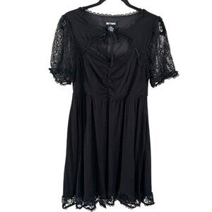 Hot Topic Black Bow Tie Neckline Lace Sleeves Dress Sz Medium Goth Party